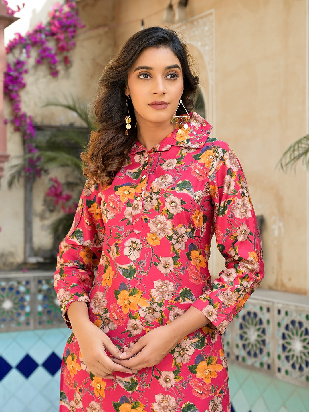 Pink Silk blend Floral Print Shirt Collar Co-ord set-Yufta Store-1827CRDPKM