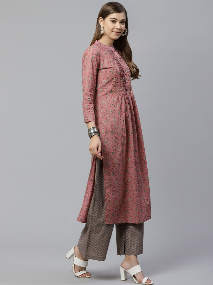 Pink & Teal Green Printed Kurta Set-Yufta Store-7337SETPKS