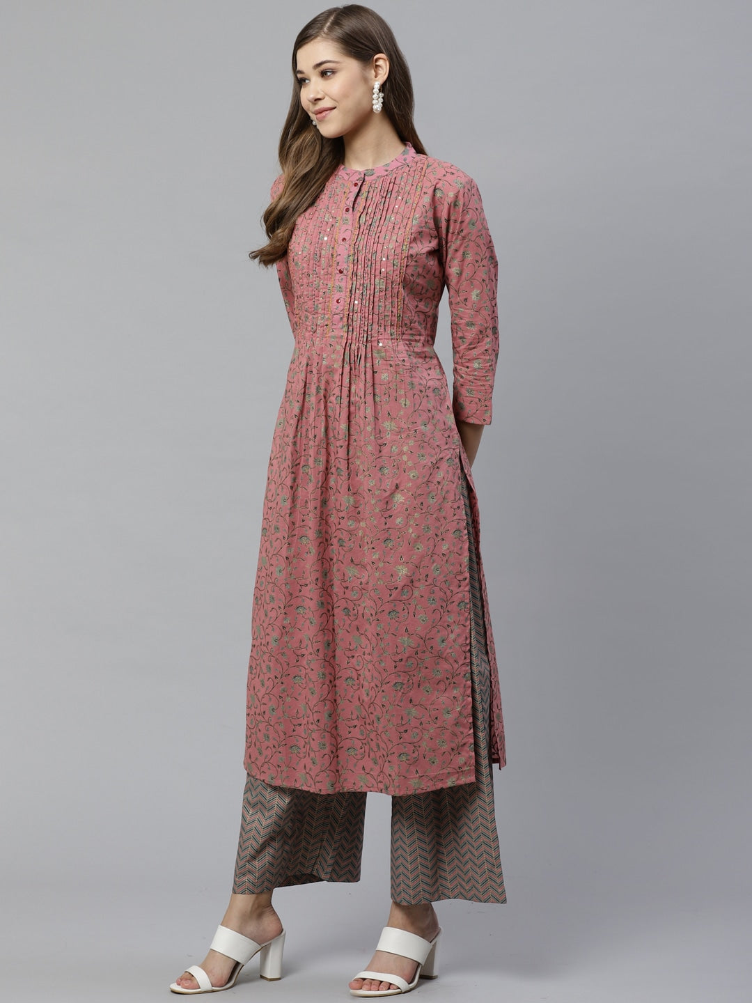 Pink & Teal Green Printed Kurta Set-Yufta Store-7337SETPKS