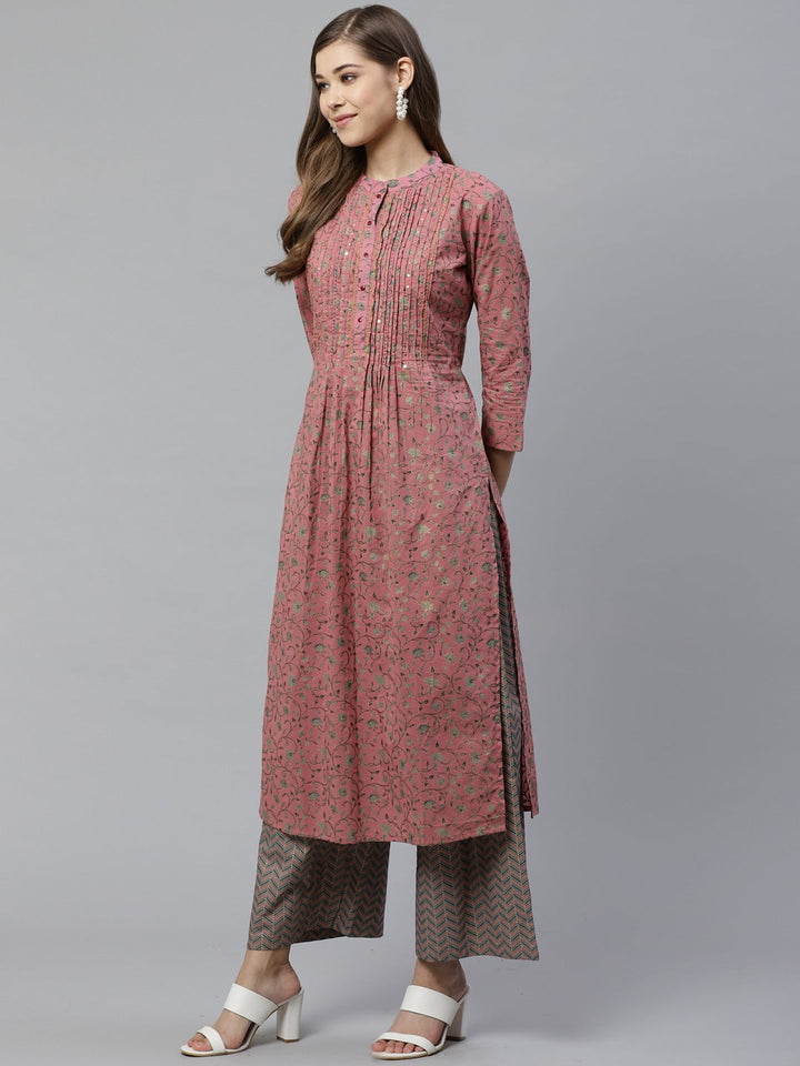 Pink & Teal Green Printed Kurta Set-Yufta Store-7337SETPKS