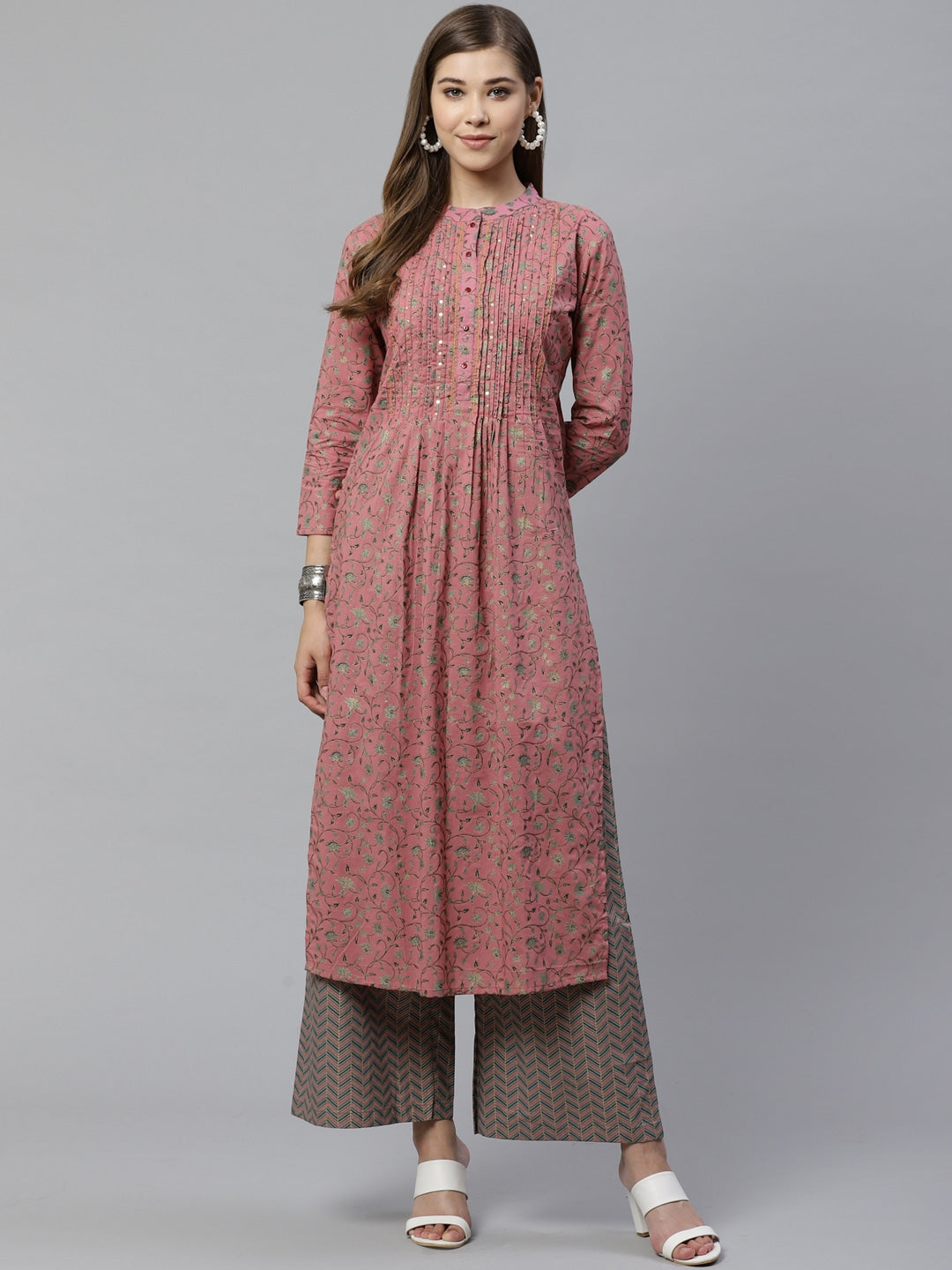 Pink & Teal Green Printed Kurta Set-Yufta Store-7337SETPKS