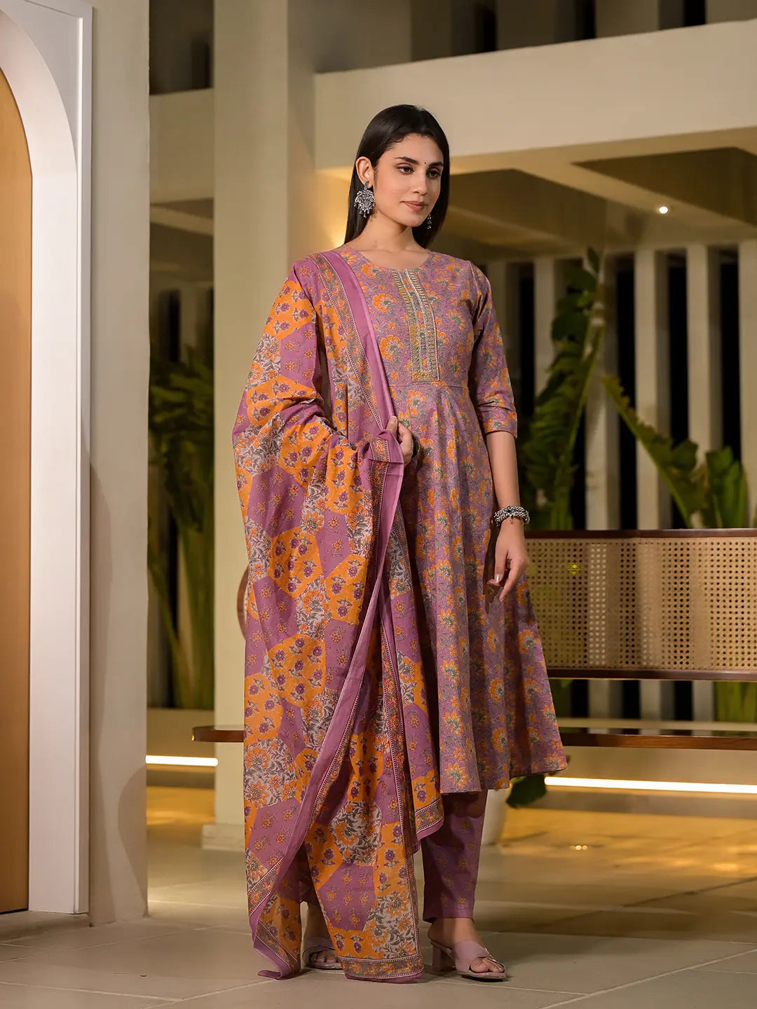 Pink Thread Work Cotton Anarkali Style Kurta And Trousers With Dupatta Set-Yufta Store-6902SKDPKS