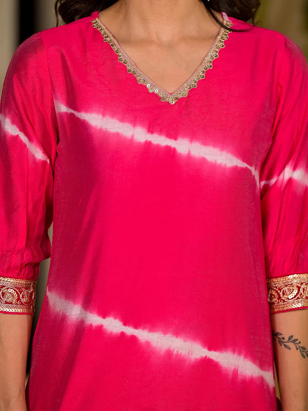 Pink Tie And Dye Chanderi Silk Kurta With Trousers With Dupatta Set-Yufta Store-1934SKDPKS