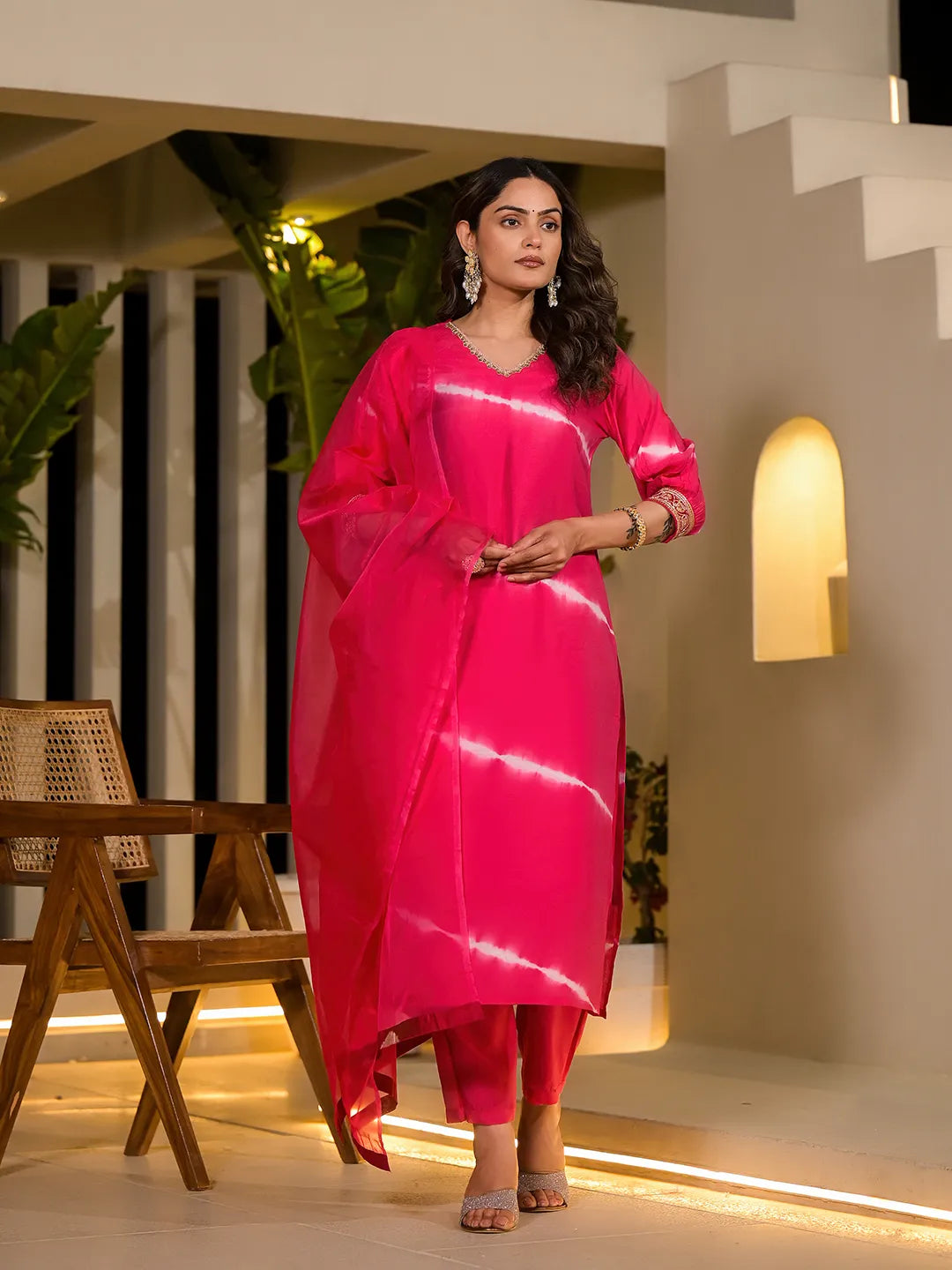 Pink Tie And Dye Chanderi Silk Kurta With Trousers With Dupatta Set-Yufta Store-1934SKDPKS