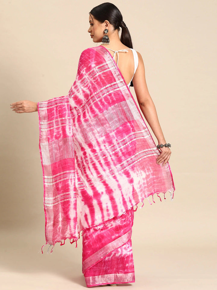 Pink Tie & Dye Pure Linen Saree-Yufta Store-1306SARPK