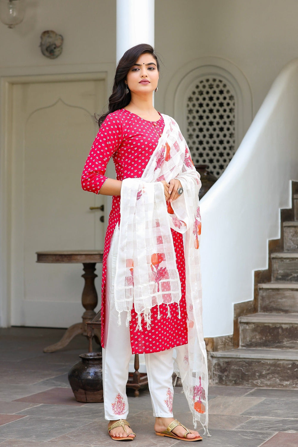 Pink & White Bhandhej Printed Dupatta Set-Yufta Store-9237SKDPKS