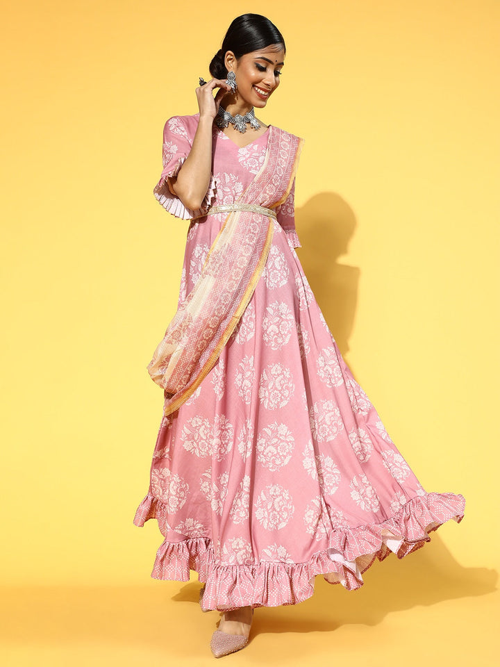 Pink & White Ethnic Ruffles Dupatta Dress-Yufta Store-9603DRSPKS
