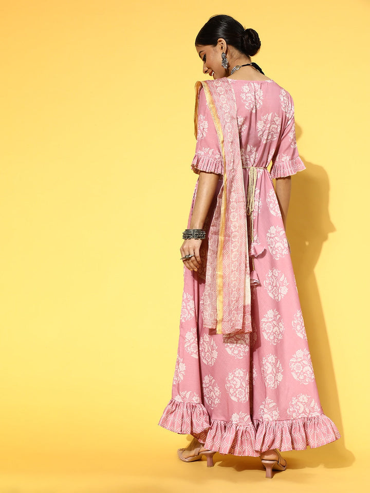 Pink & White Ethnic Ruffles Dupatta Dress-Yufta Store-9603DRSPKS