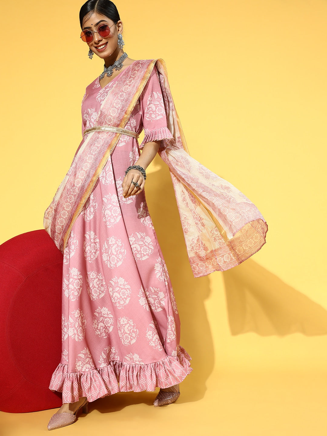 Pink & White Ethnic Ruffles Dupatta Dress