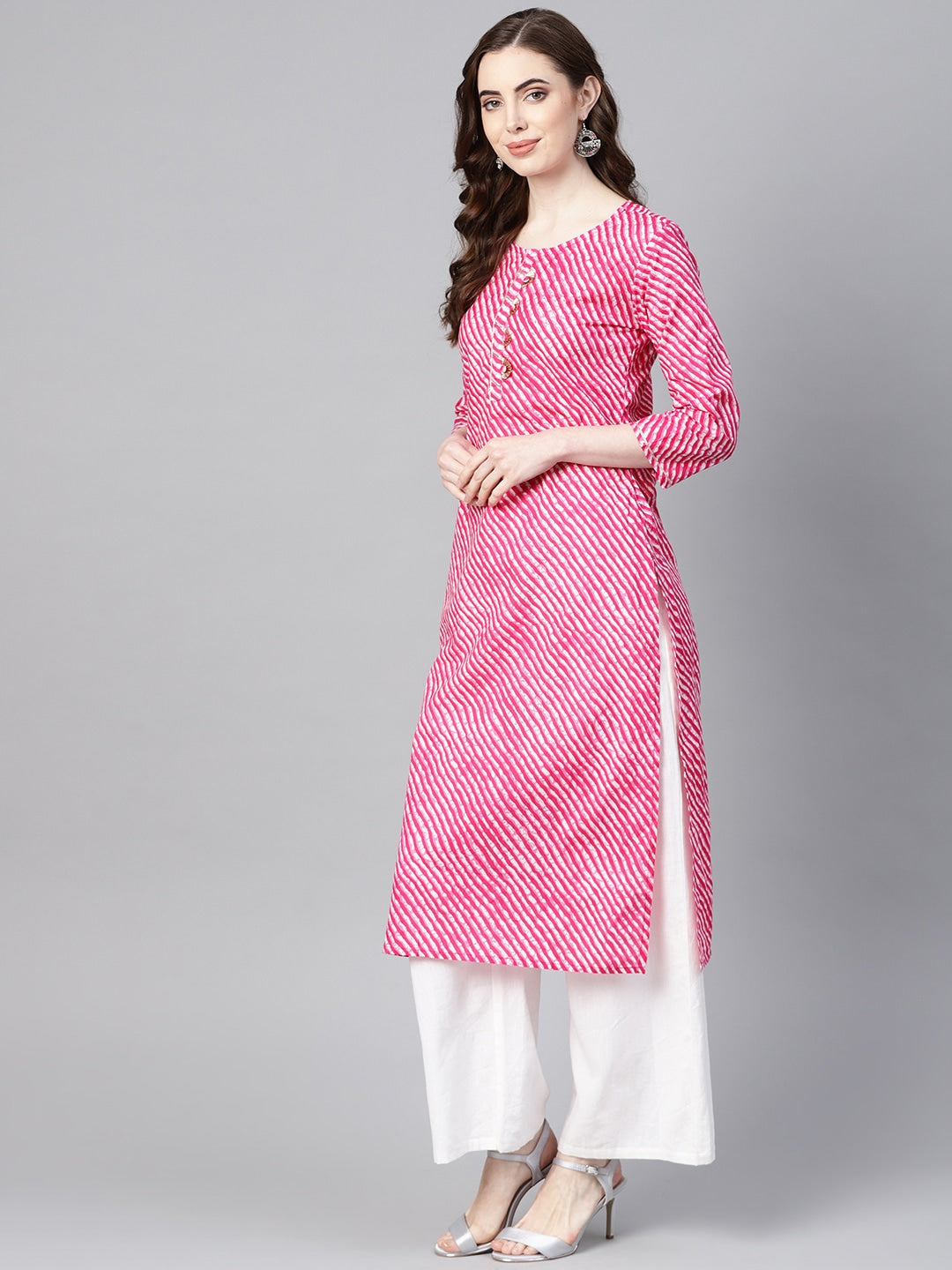 Pink & White Lehariya Printed Kurta-Yufta Store-YUFEKSET636PKS