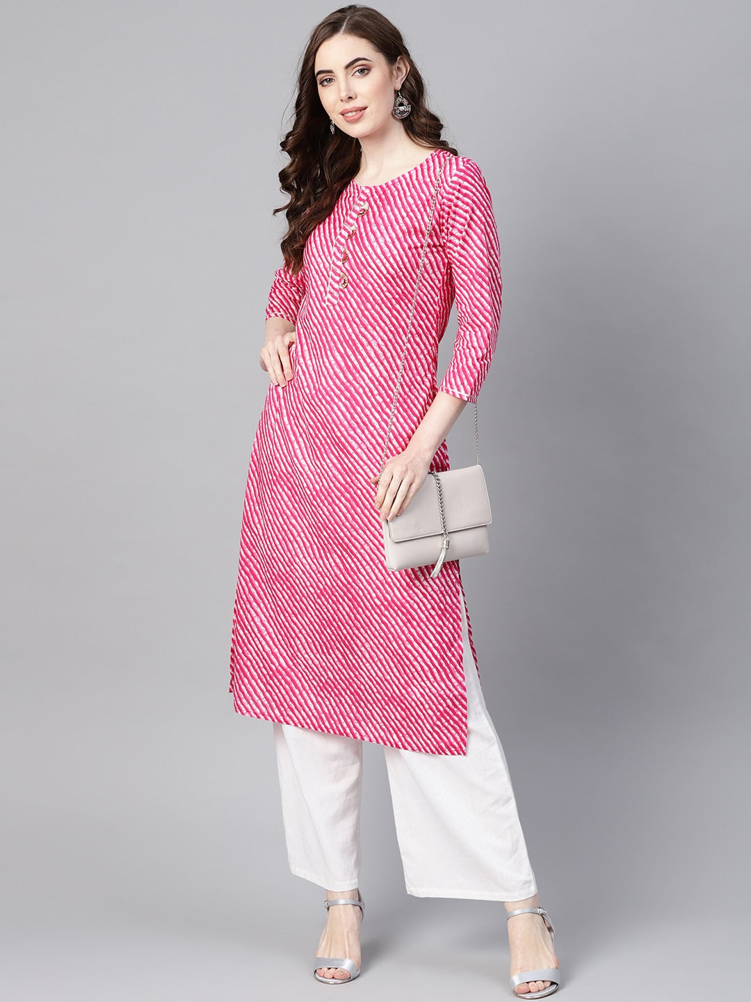 Pink & White Lehariya Printed Kurta-Yufta Store-YUFEKSET636PKS