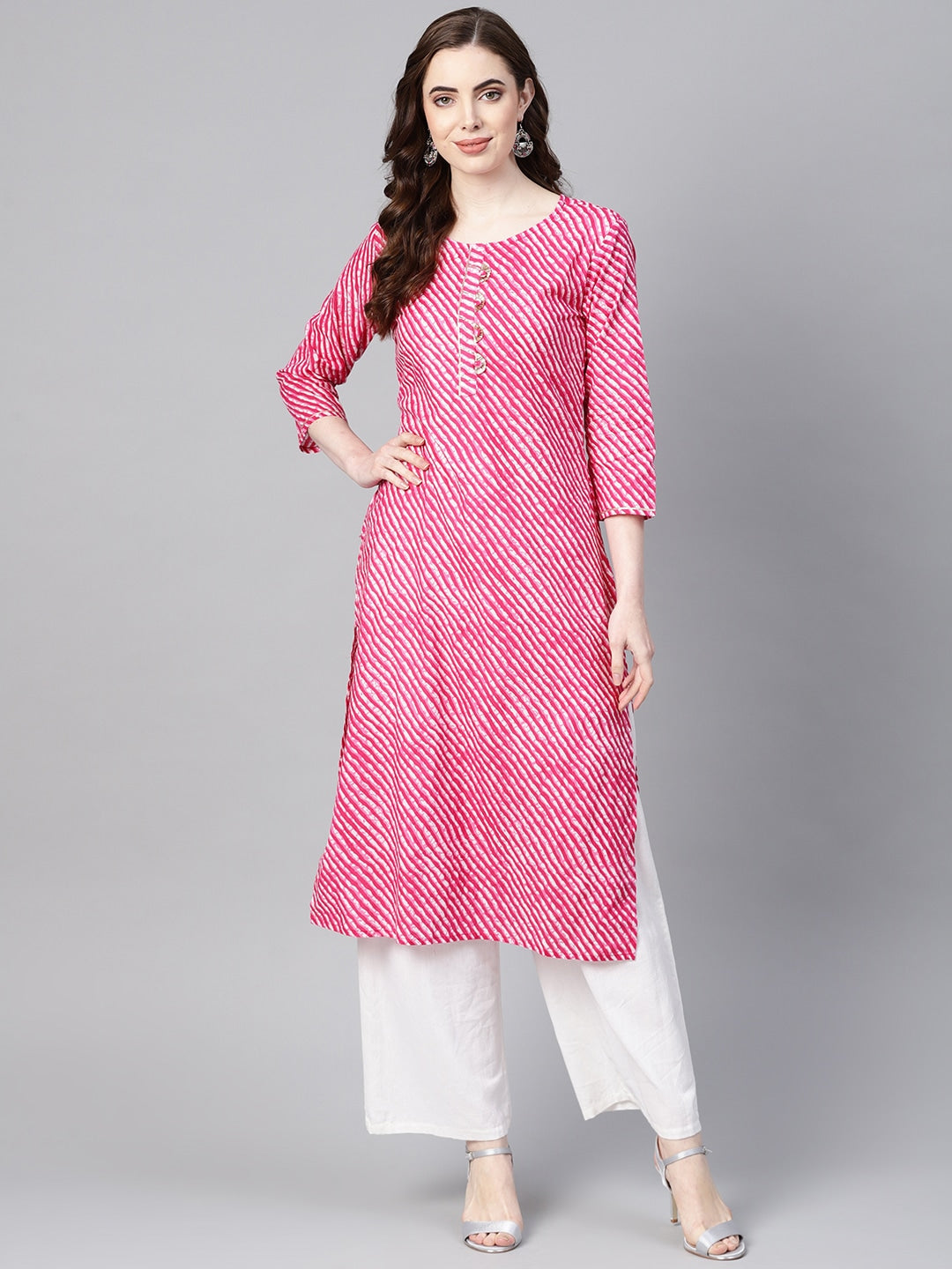 Pink & White Lehariya Printed Kurta-Yufta Store-YUFEKSET636PKS