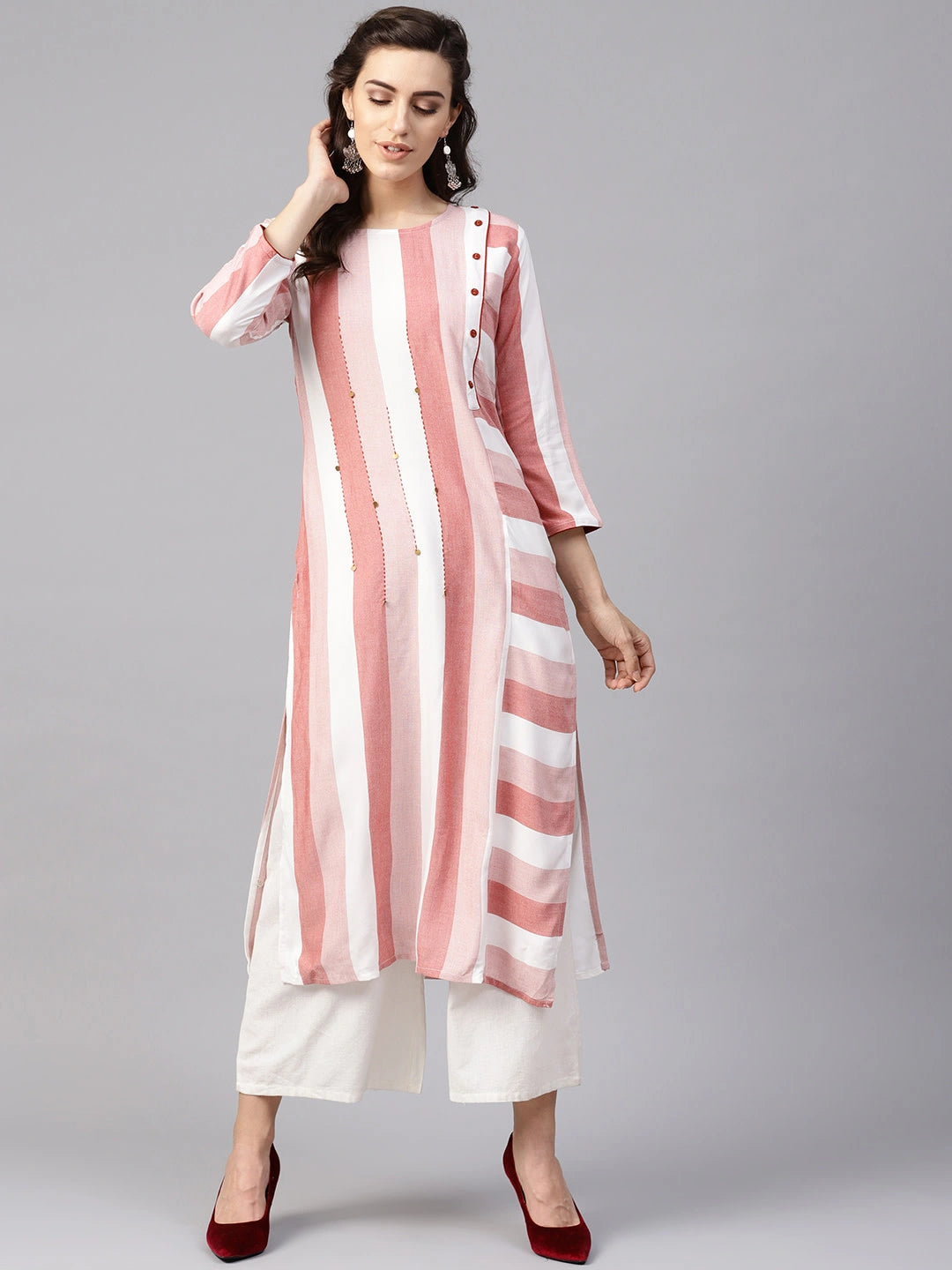 Pink & White Straight Kurta-Yufta Store-YUFPJKU817S