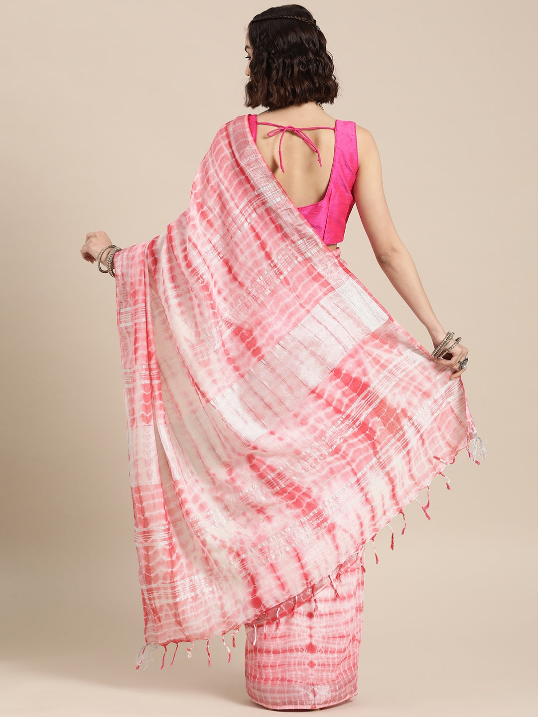 Pink & White Tie-Dye Zari Saree-Yufta Store-6026SARPK