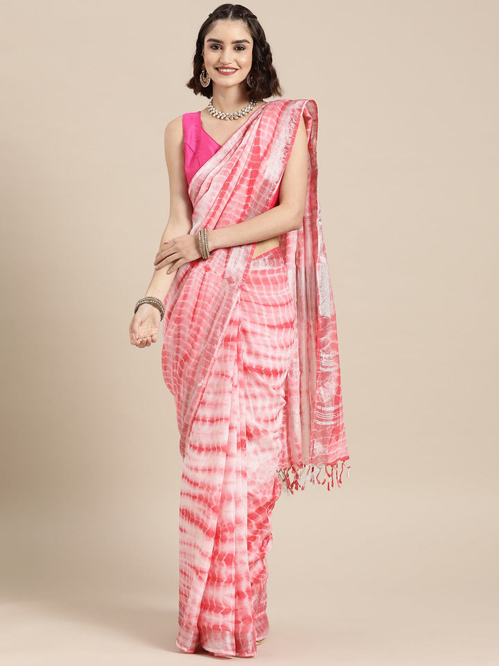 Pink & White Tie-Dye Zari Saree-Yufta Store-6026SARPK