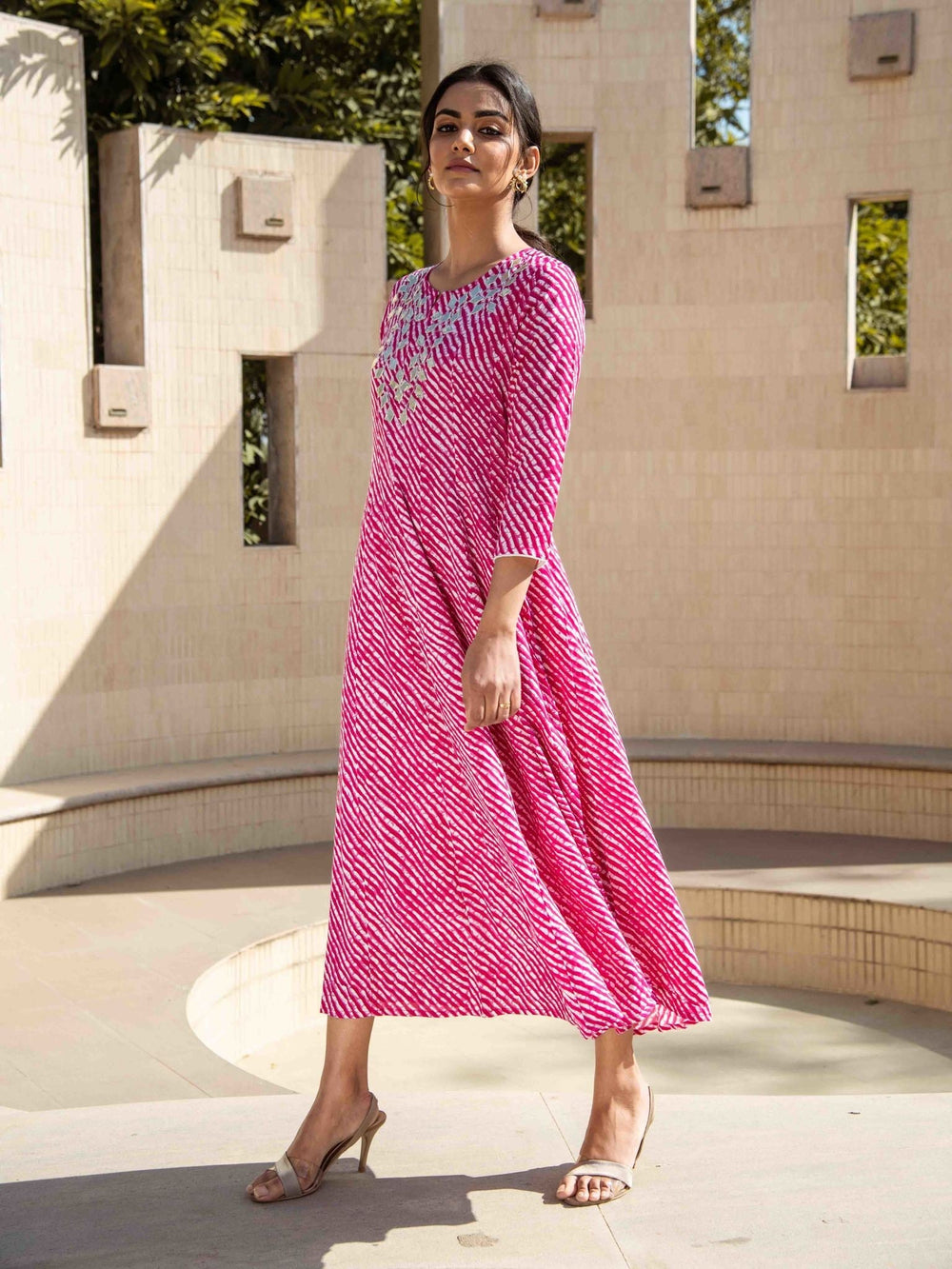 Pink & White leheriya Print Kurta