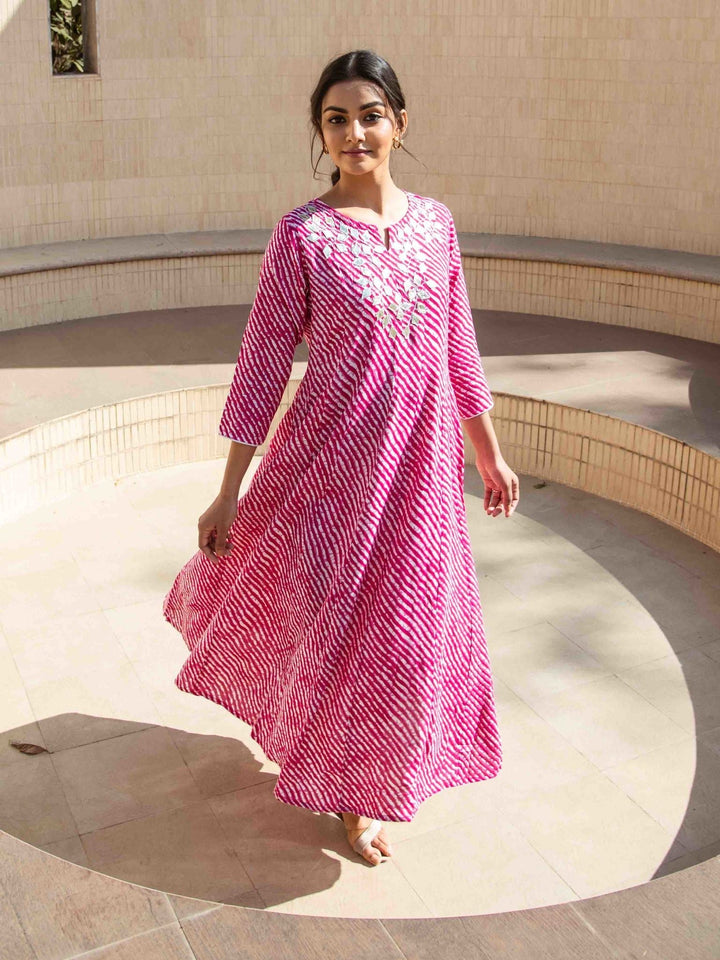 Pink & White leheriya Print Kurta-Yufta Store-YUFNKU1756PS