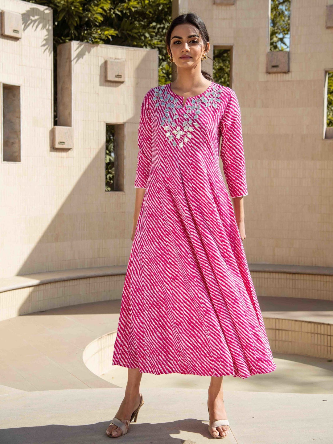 Pink & White leheriya Print Kurta-Yufta Store-YUFNKU1756PS