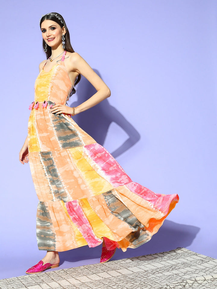 Pink & Yellow Ethnic Maxi Dress-Yufta Store-8112DRSPKS