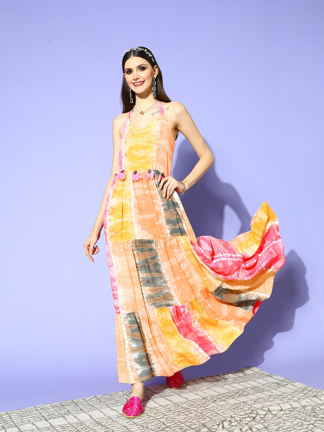 Pink & Yellow Ethnic Maxi Dress-Yufta Store-8112DRSPKS