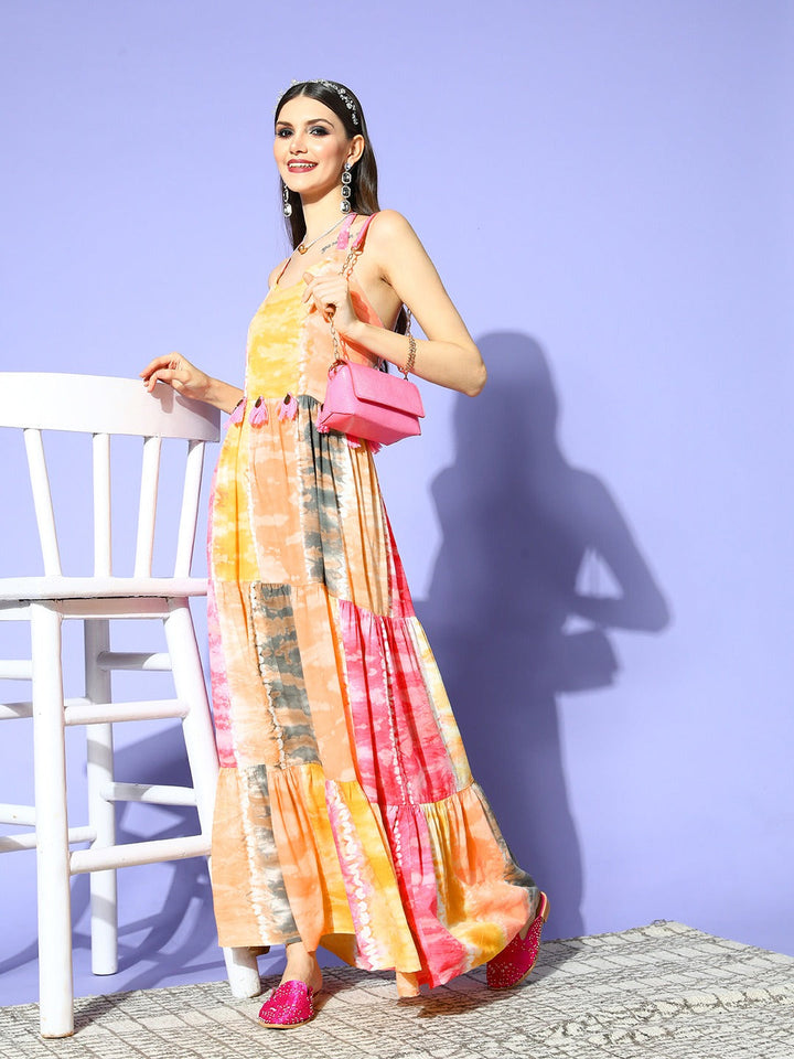 Pink & Yellow Ethnic Maxi Dress-Yufta Store-8112DRSPKS