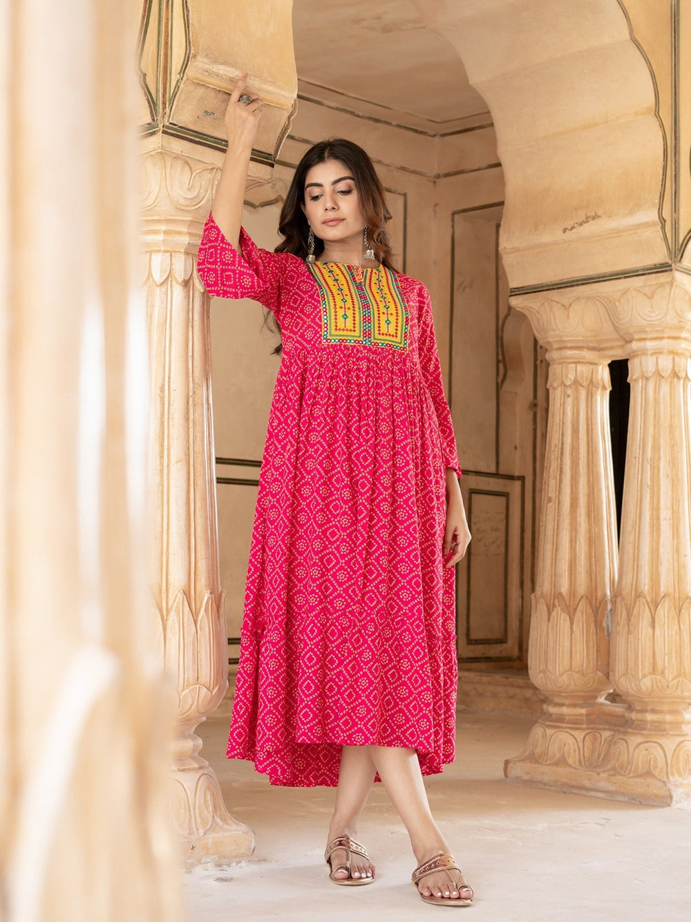 Pink & Yellow Ethnic Motifs Ethnic Dress-Yufta Store-5211DRSPKS