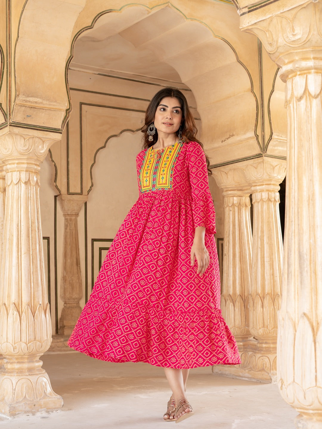 Pink & Yellow Ethnic Motifs Ethnic Dress-Yufta Store-5211DRSPKS