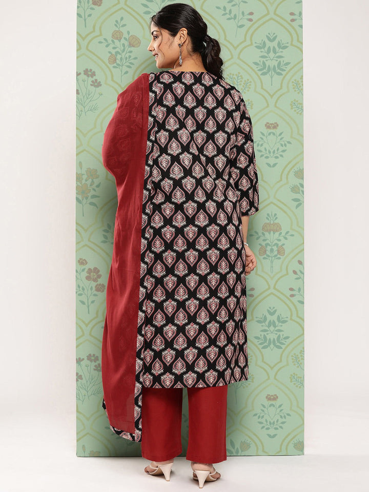 Plus Size Black Ethnic Embroidered Zari Pure Cotton Kurta with Trousers & Dupatta-Yufta Store-1392PSKDBK3XL