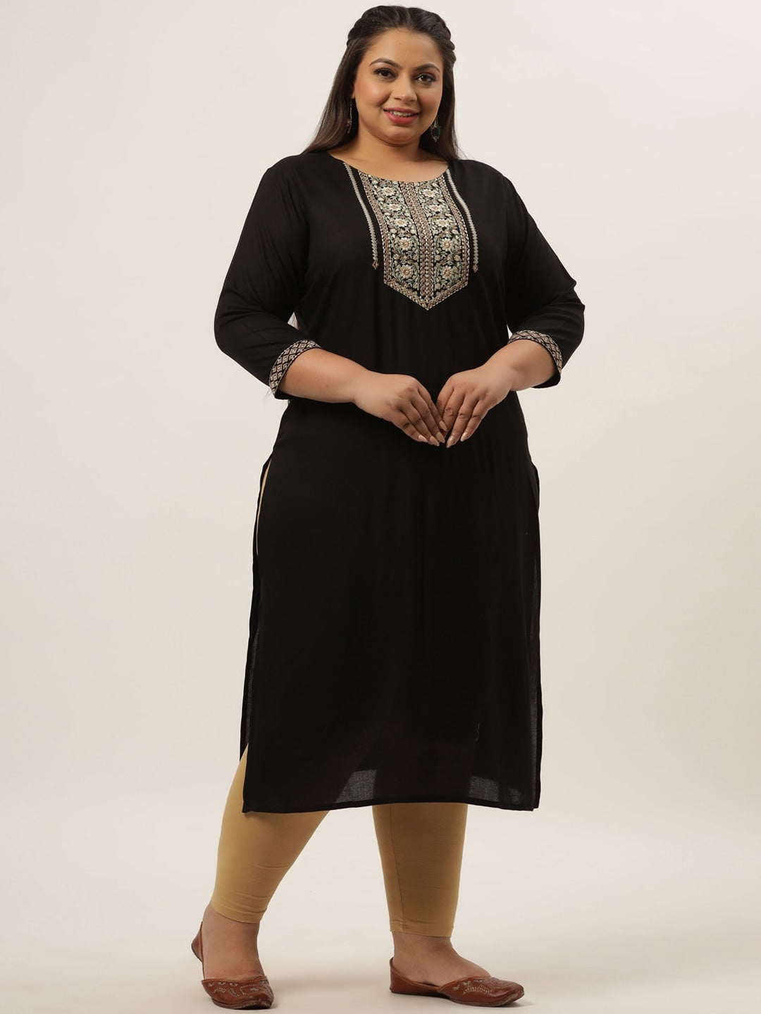 Plus Size Black Ethnic Kurta-Yufta Store-7875KURPBK3XL