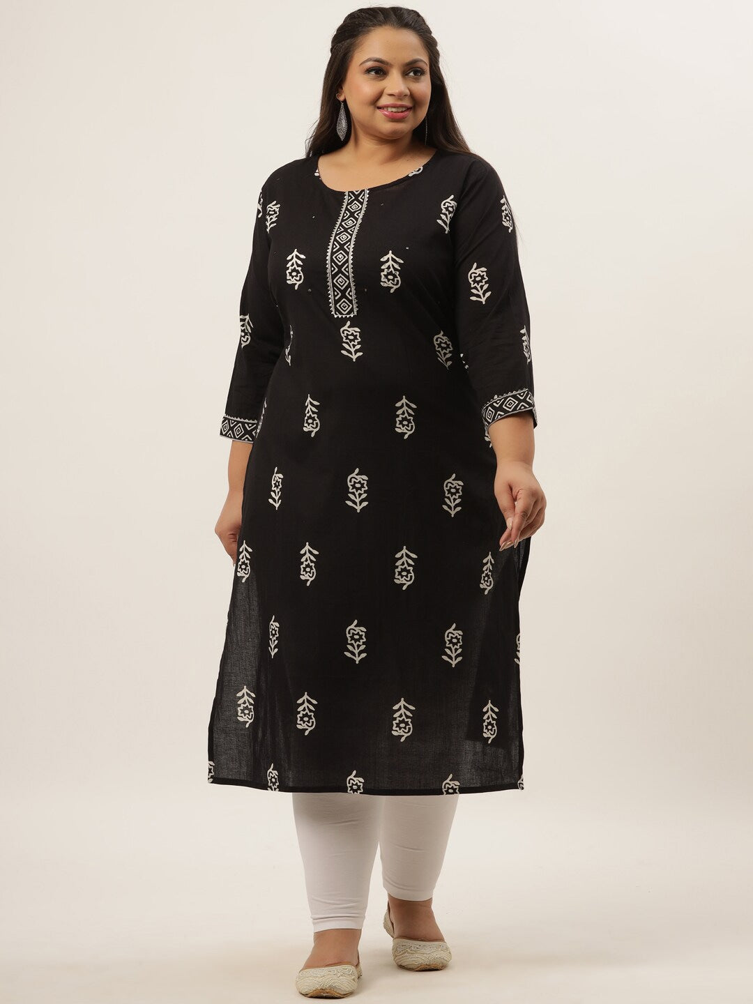 Plus Size Black Ethnic Motifs Printed Kurta-Yufta Store-9398KURPBK3XL