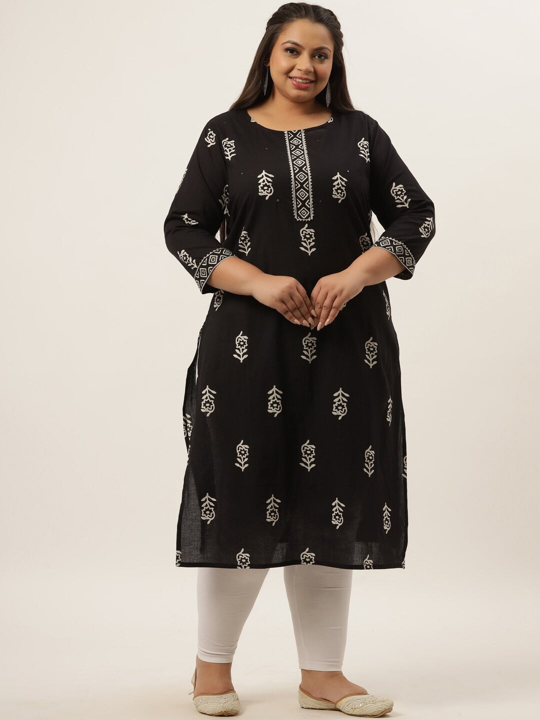 Plus Size Black Ethnic Motifs Printed Kurta-Yufta Store-9398KURPBK3XL