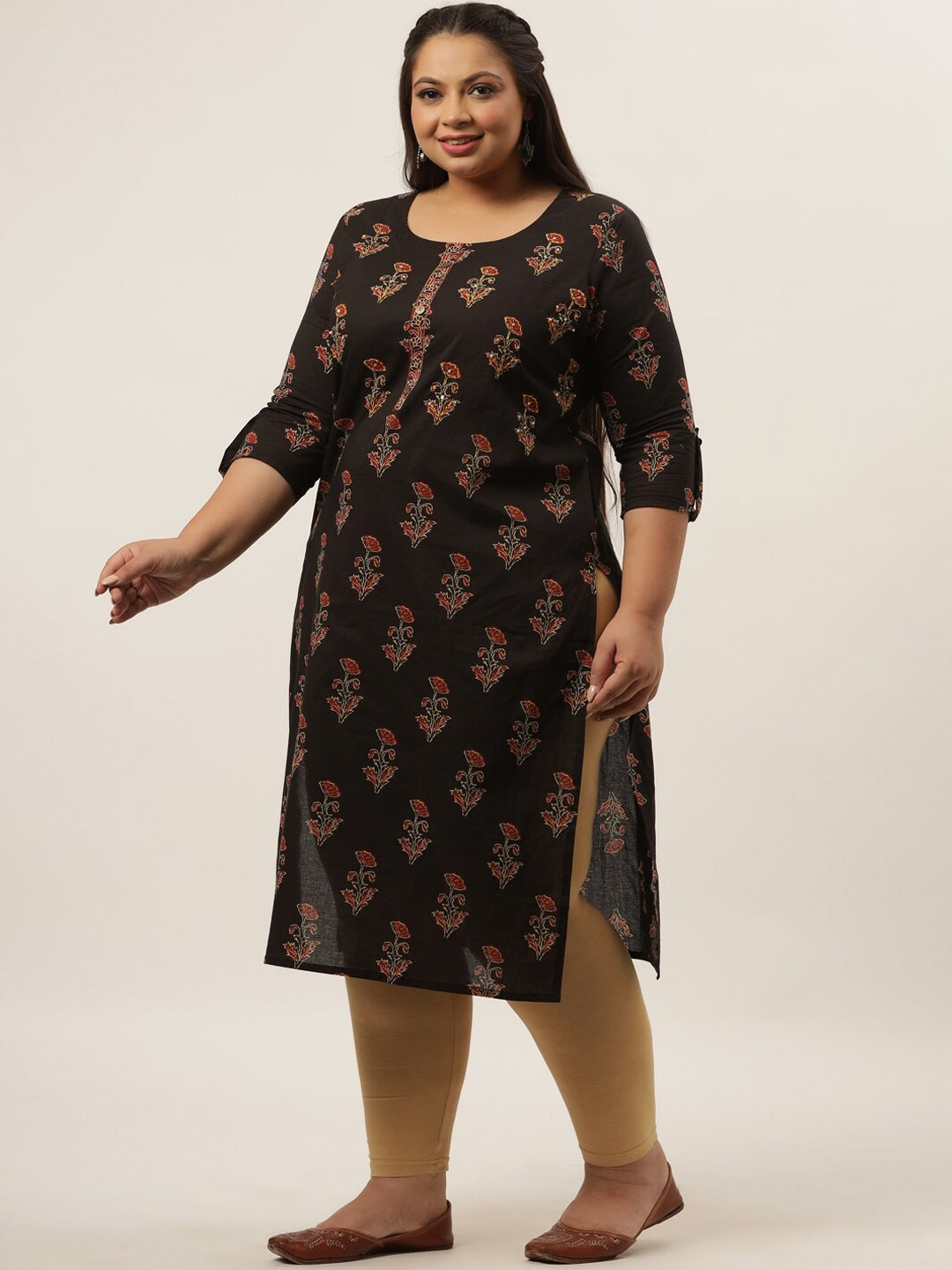 Plus Size Black Printed Kurta-Yufta Store-4730KURPBK3XL