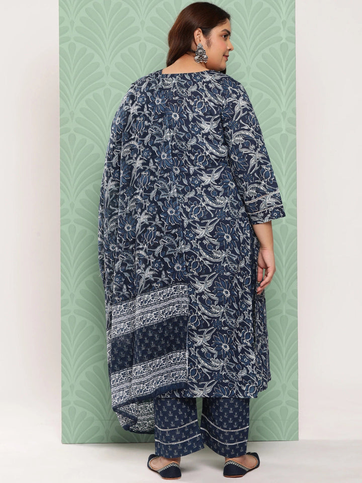 Plus Size Blue Floral Printed Pure Cotton Kurta with Trousers & With Dupatta-Yufta Store-1344PSKDBL3XL