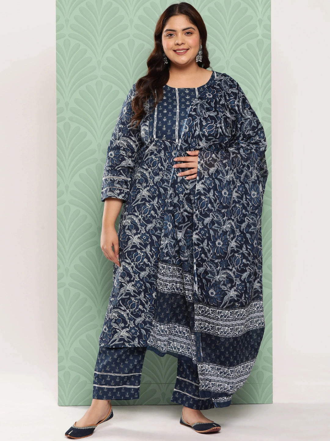 Plus Size Blue Floral Printed Pure Cotton Kurta with Trousers & With Dupatta-Yufta Store-1344PSKDBL3XL