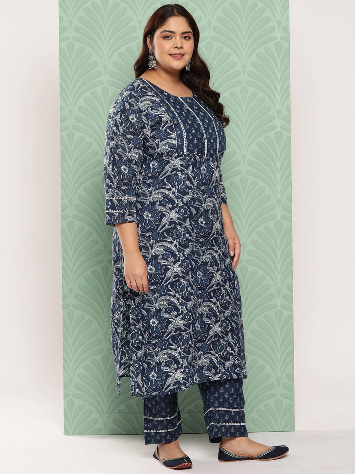 Plus Size Blue Floral Printed Pure Cotton Kurta with Trousers & With Dupatta-Yufta Store-1344PSKDBL3XL