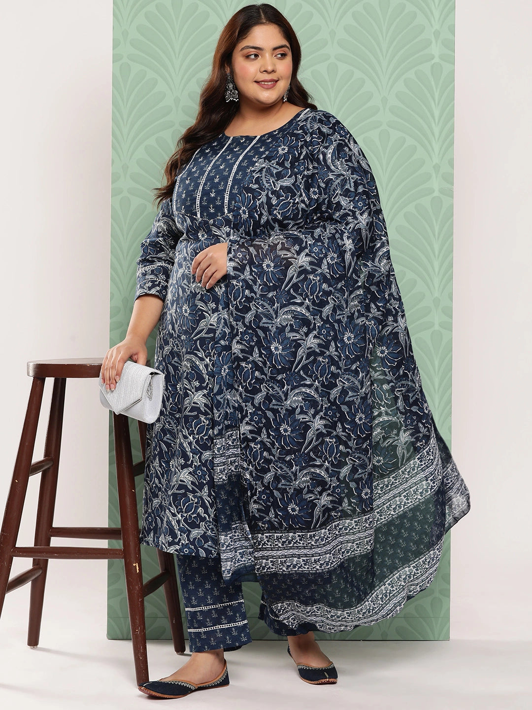 Plus Size Blue Floral Printed Pure Cotton Kurta with Trousers & With Dupatta-Yufta Store-1344PSKDBL3XL