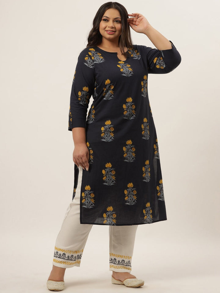 Plus Size Blue Printed Kurta Set-Yufta Store-9205SETBL3XL