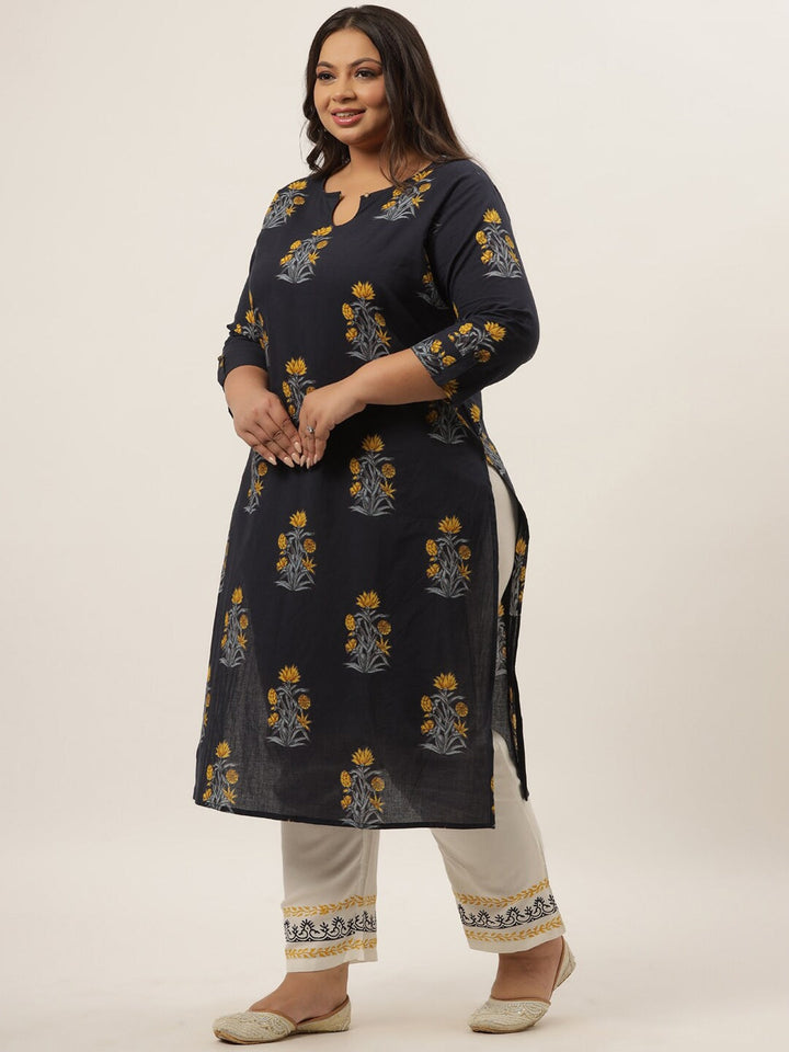 Plus Size Blue Printed Kurta Set-Yufta Store-9205SETBL3XL