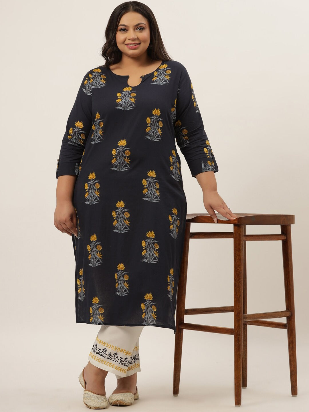 Plus Size Blue Printed Kurta Set-Yufta Store-9205SETBL3XL