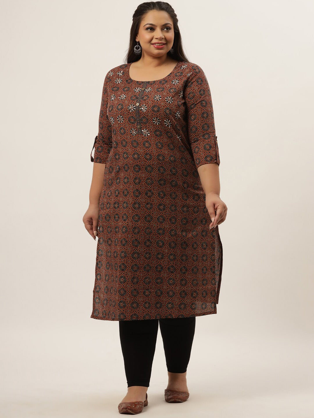 Plus Size Brown Abstract Printed Kurta-Yufta Store-4731KURPBR3XL