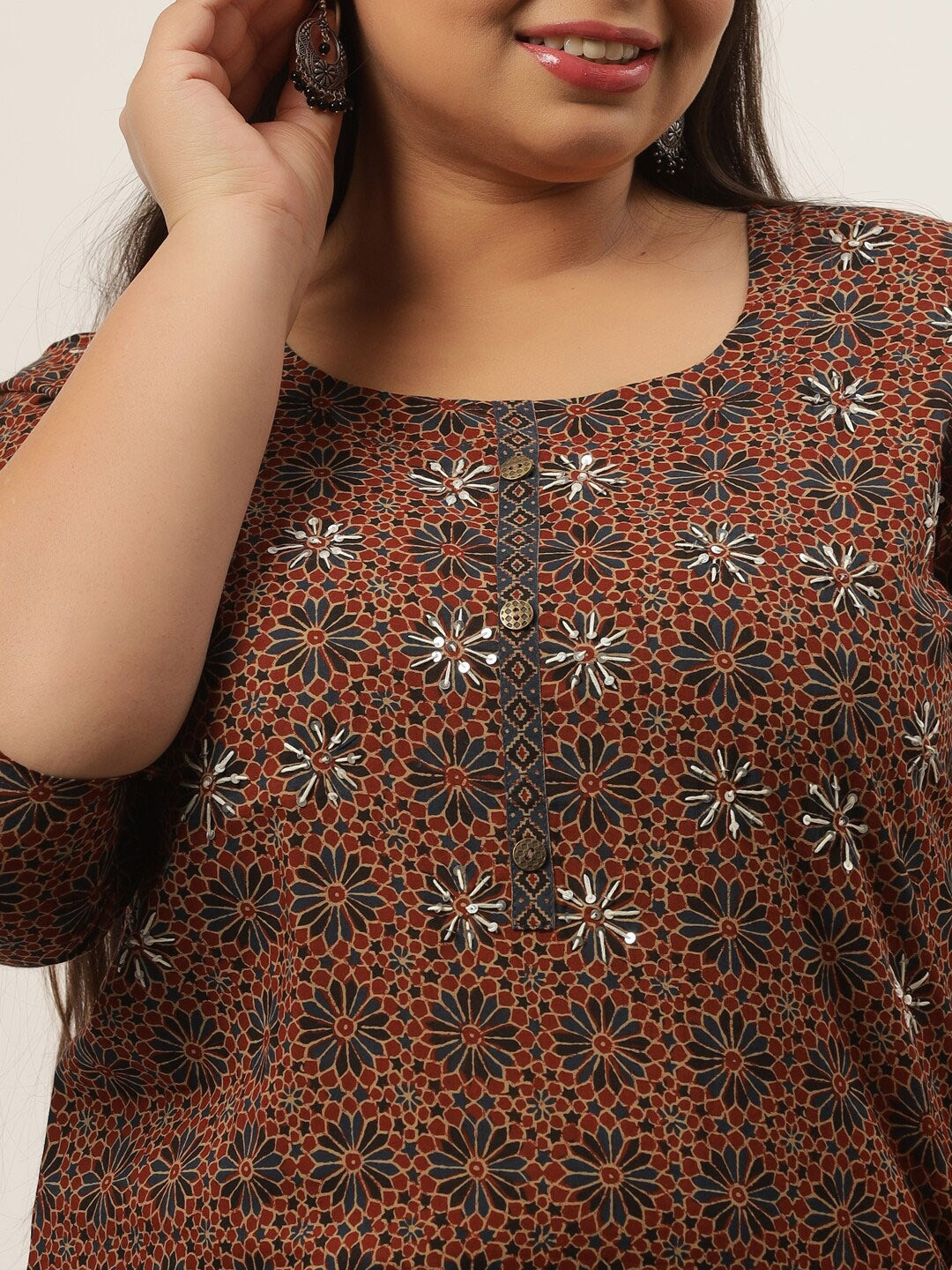 Plus Size Brown Abstract Printed Kurta-Yufta Store-4731KURPBR3XL