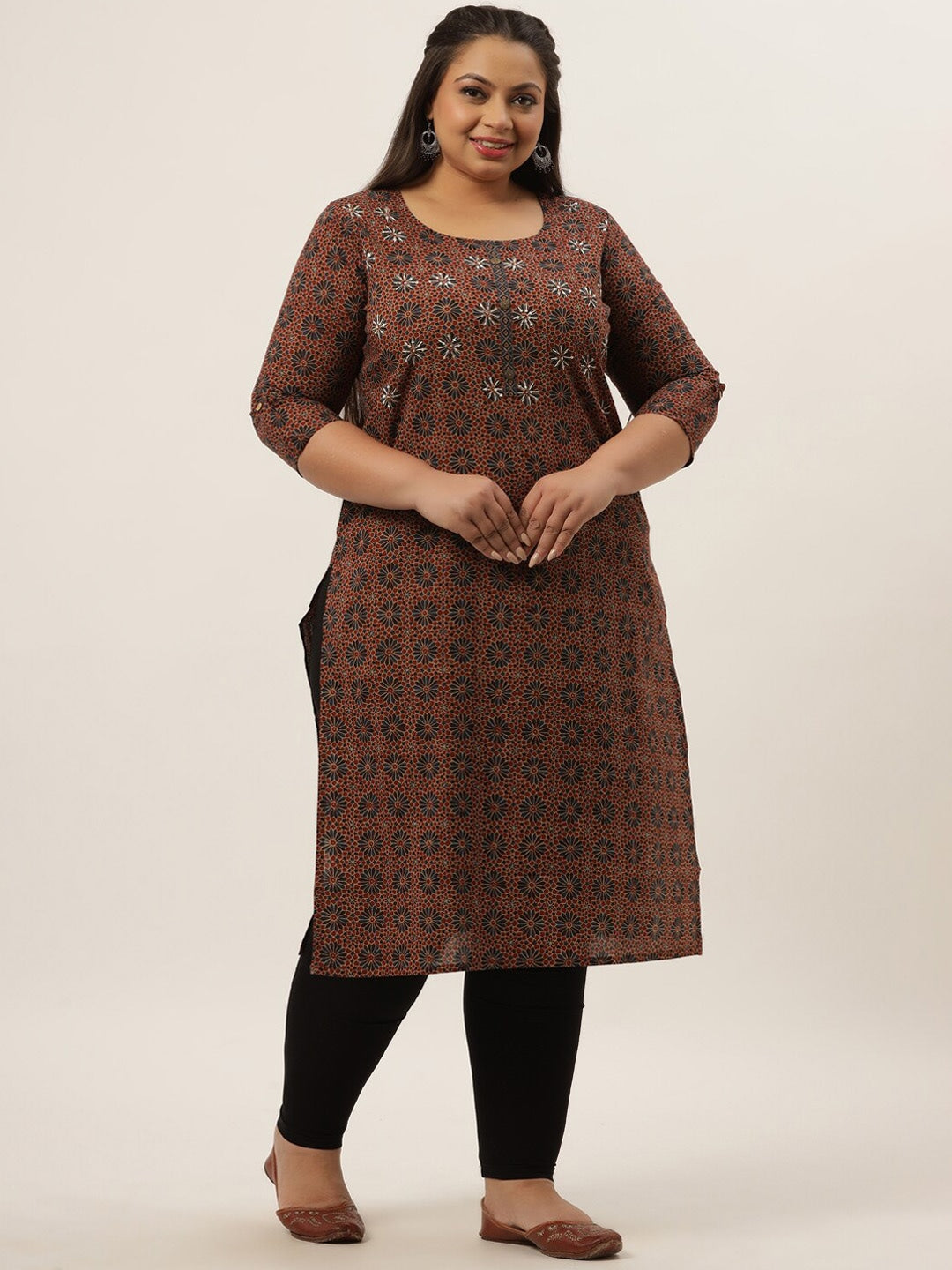 Plus Size Brown Abstract Printed Kurta-Yufta Store-4731KURPBR3XL