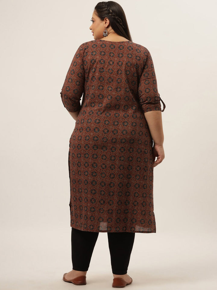 Plus Size Brown Abstract Printed Kurta-Yufta Store-4731KURPBR3XL