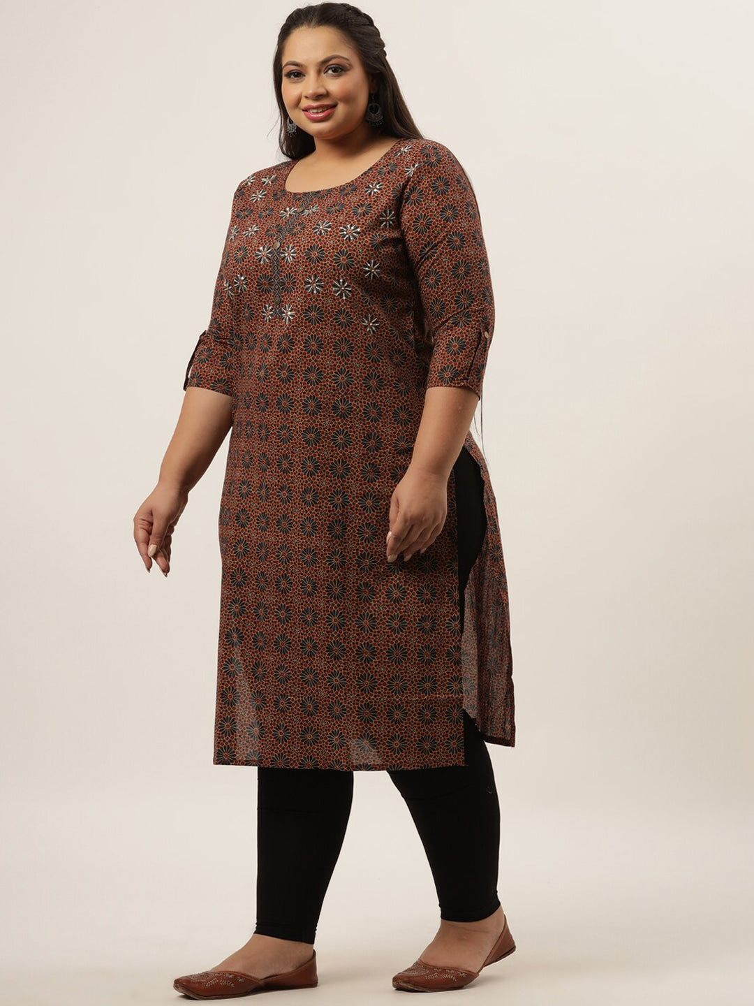 Plus Size Brown Abstract Printed Kurta-Yufta Store-4731KURPBR3XL