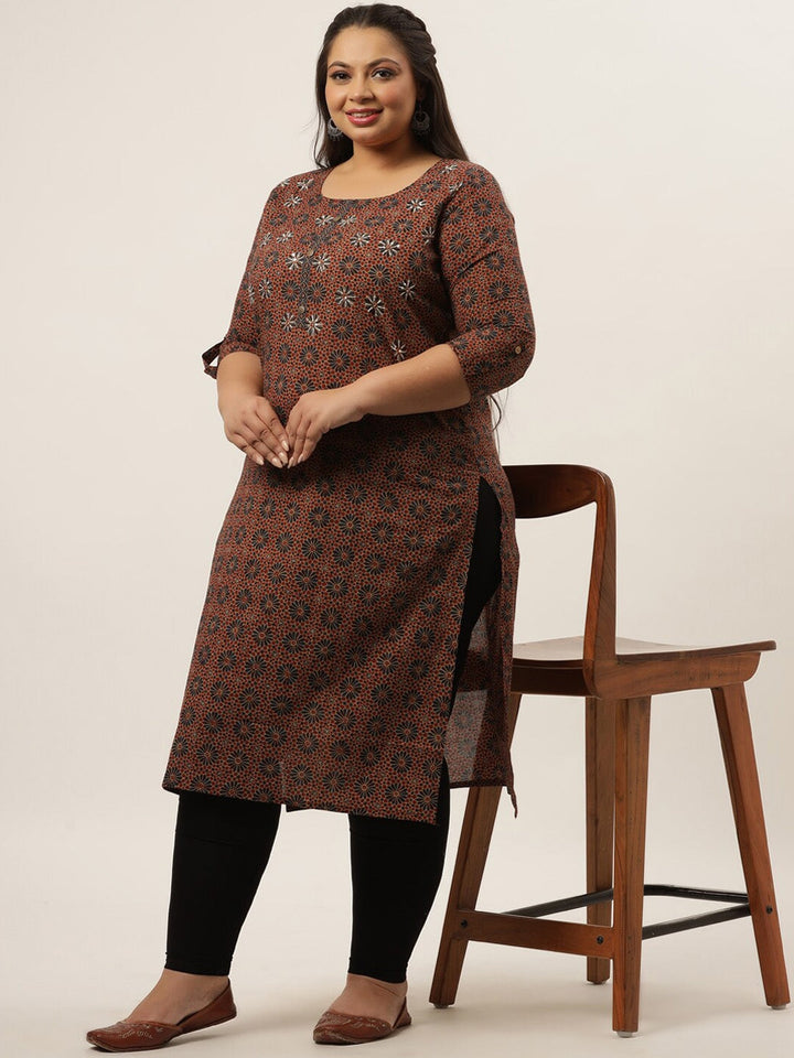 Plus Size Brown Abstract Printed Kurta-Yufta Store-4731KURPBR3XL