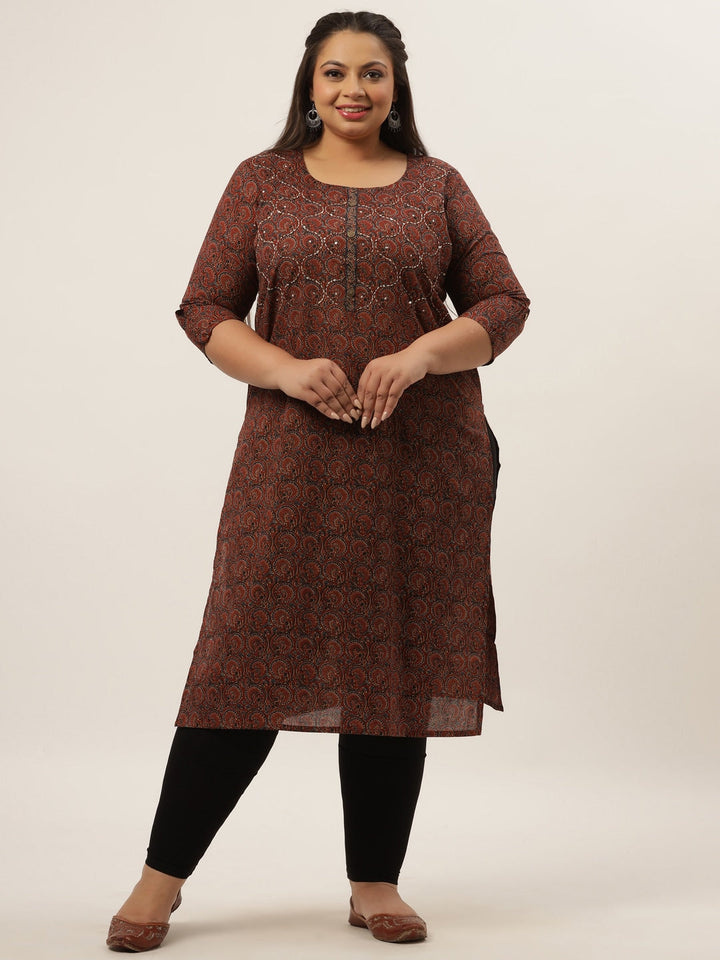 Plus Size Brown Printed Kurta-Yufta Store-4716KURPBR3XL