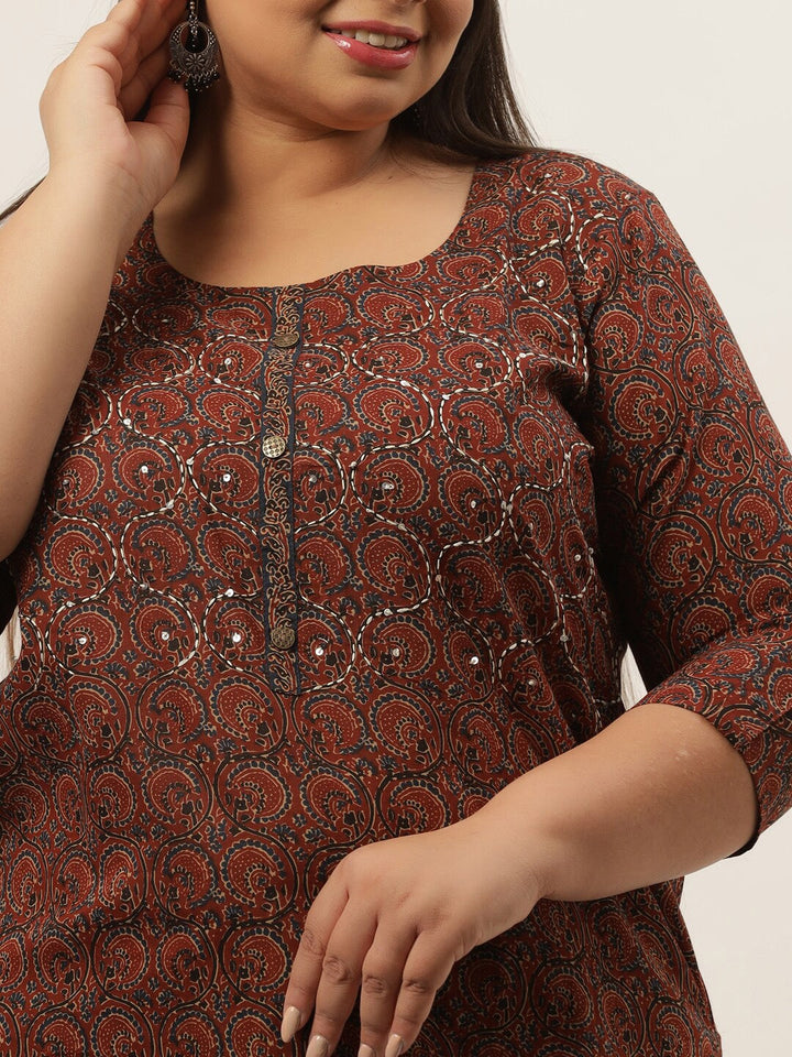 Plus Size Brown Printed Kurta-Yufta Store-4716KURPBR3XL