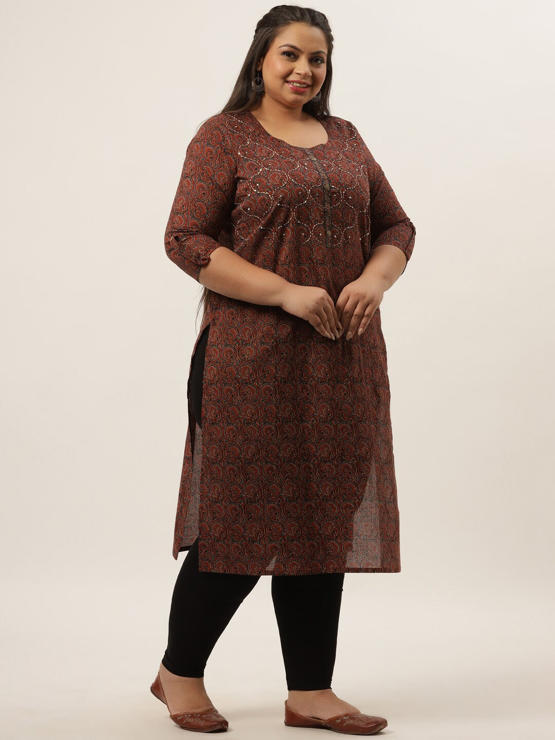 Plus Size Brown Printed Kurta-Yufta Store-4716KURPBR3XL