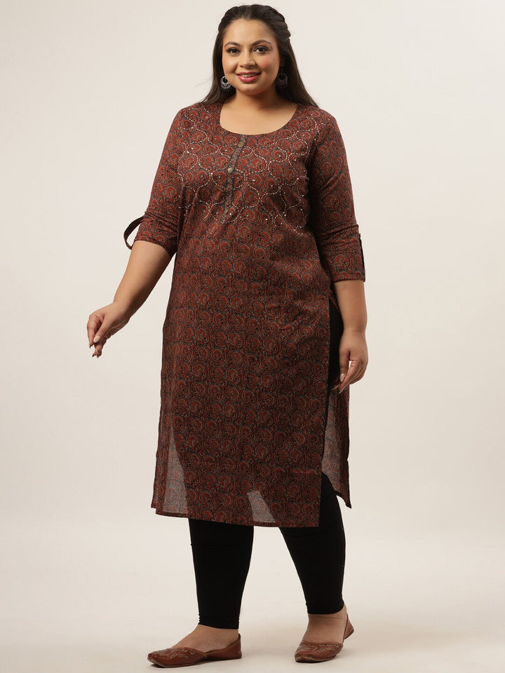 Plus Size Brown Printed Kurta-Yufta Store-4716KURPBR3XL