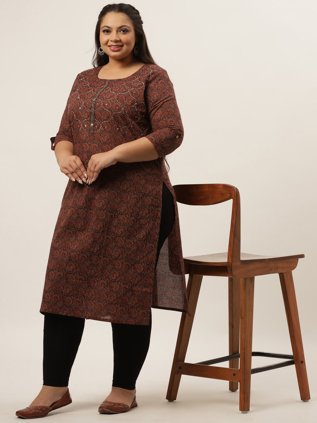 Plus Size Brown Printed Kurta-Yufta Store-4716KURPBR3XL